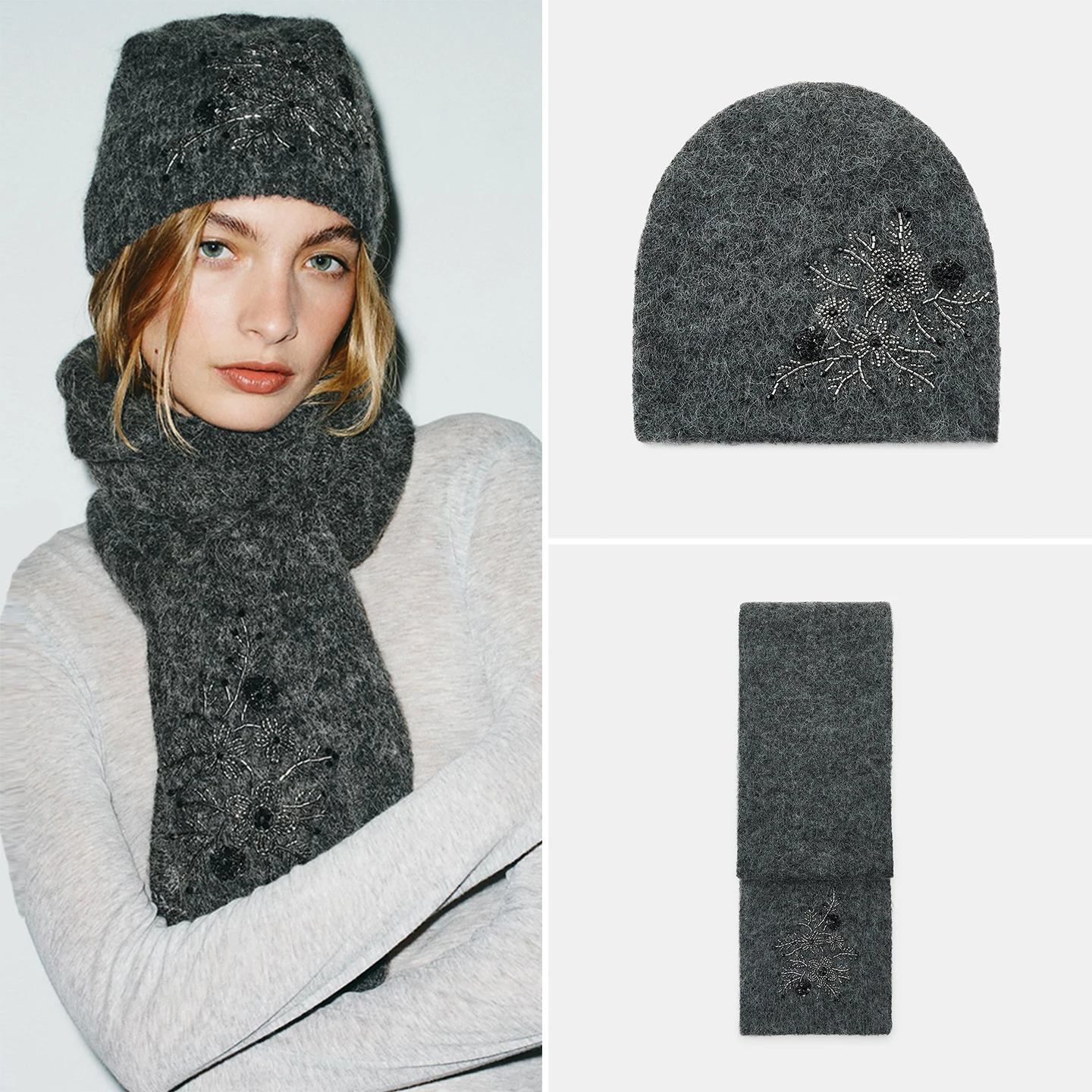 

Z женская новинка 2025, вязаная шапка с вышивкой, комплект шарфов, вязаный шарф без поля, дизайн с вышивкой, модный осенний аксессуар