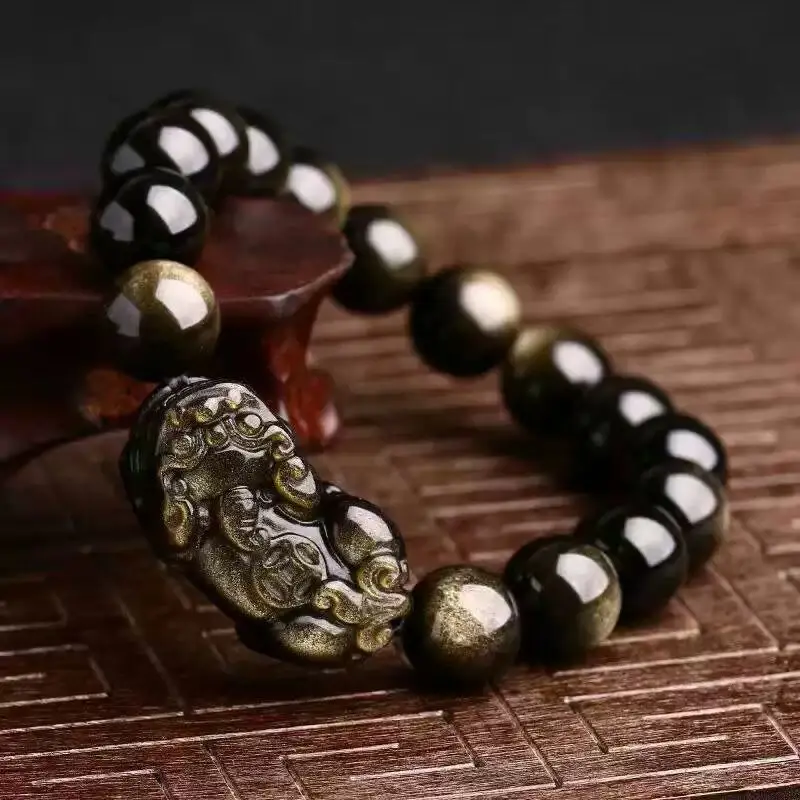 Natural Men And Women Coin Pixiu Zodiac Gold Obsidian Buddha Bead Bracelet Couples view 4