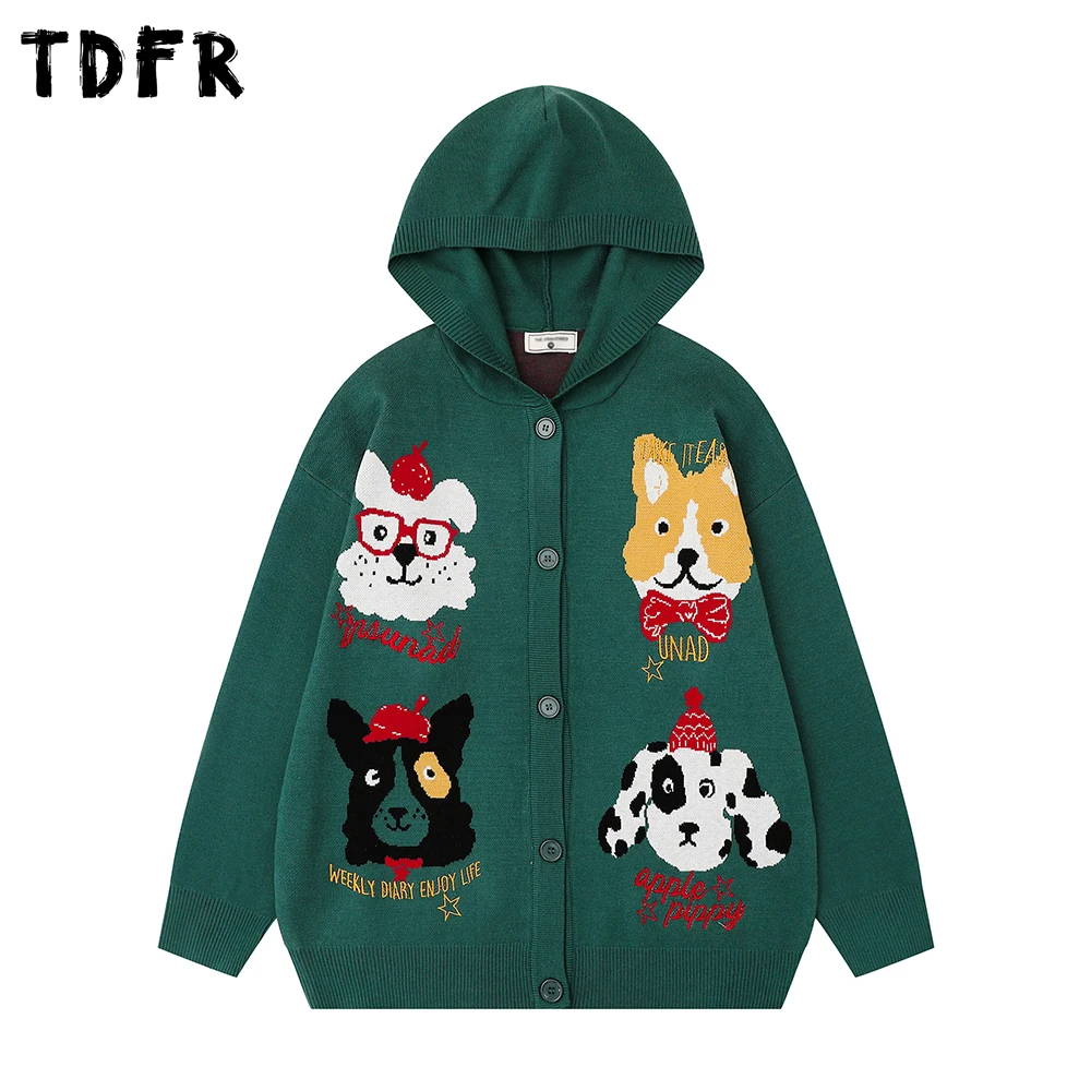 Suéter de Jacquard con dibujos de cachorros para hombre, suéter de punto Retro informal holgado de manga larga con cuello redondo y una botonadura, Otoño e Invierno