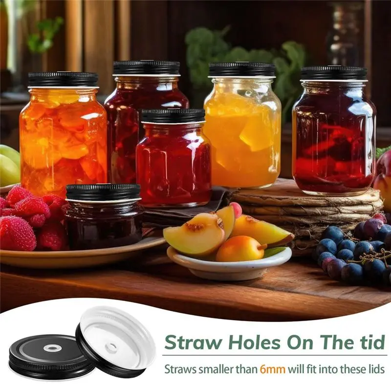 A84X-20Pcs Metal Stainless Steel Mason Jar Drinking Lids With Straw Hole 2.7Inch Regular Mouth Leak Proof