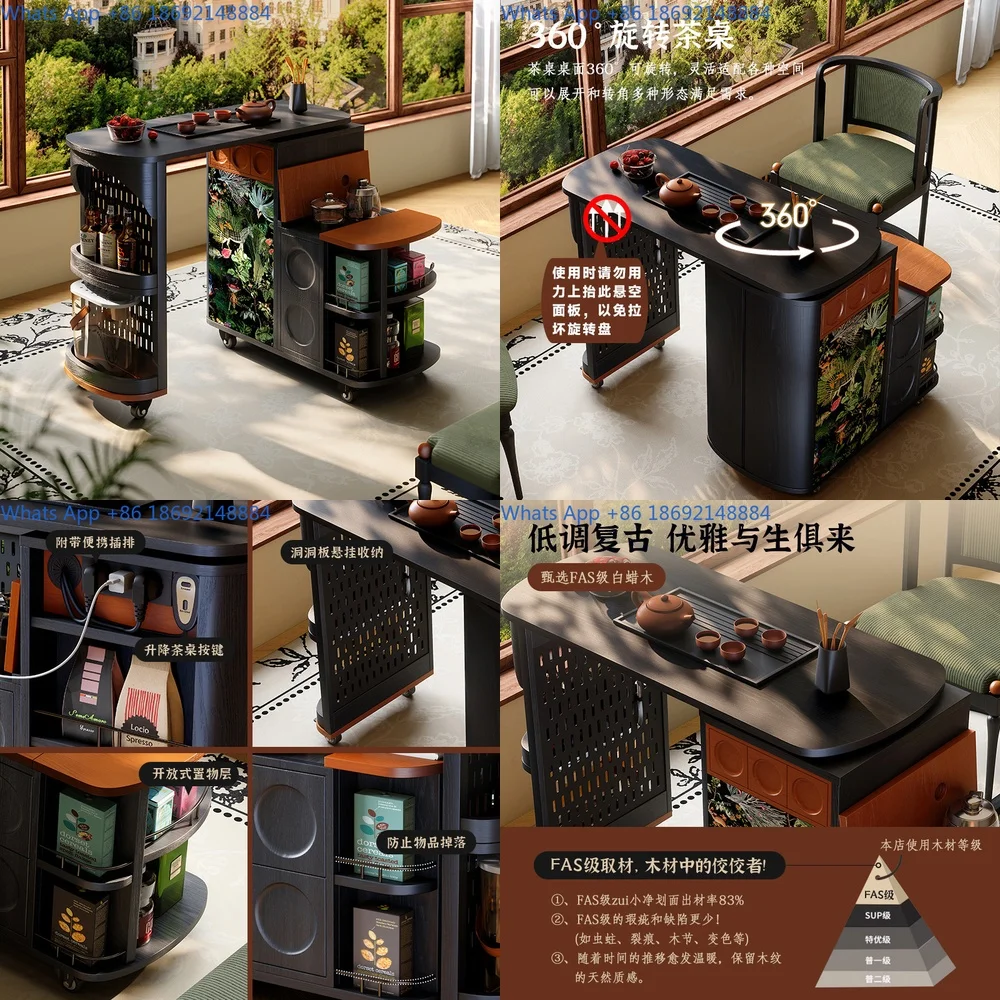 

Vintage Style Rotating Tea Table Solid Wood Portable Tea Cart French Retro Mobile Tea Station with Casters Side Cabinet