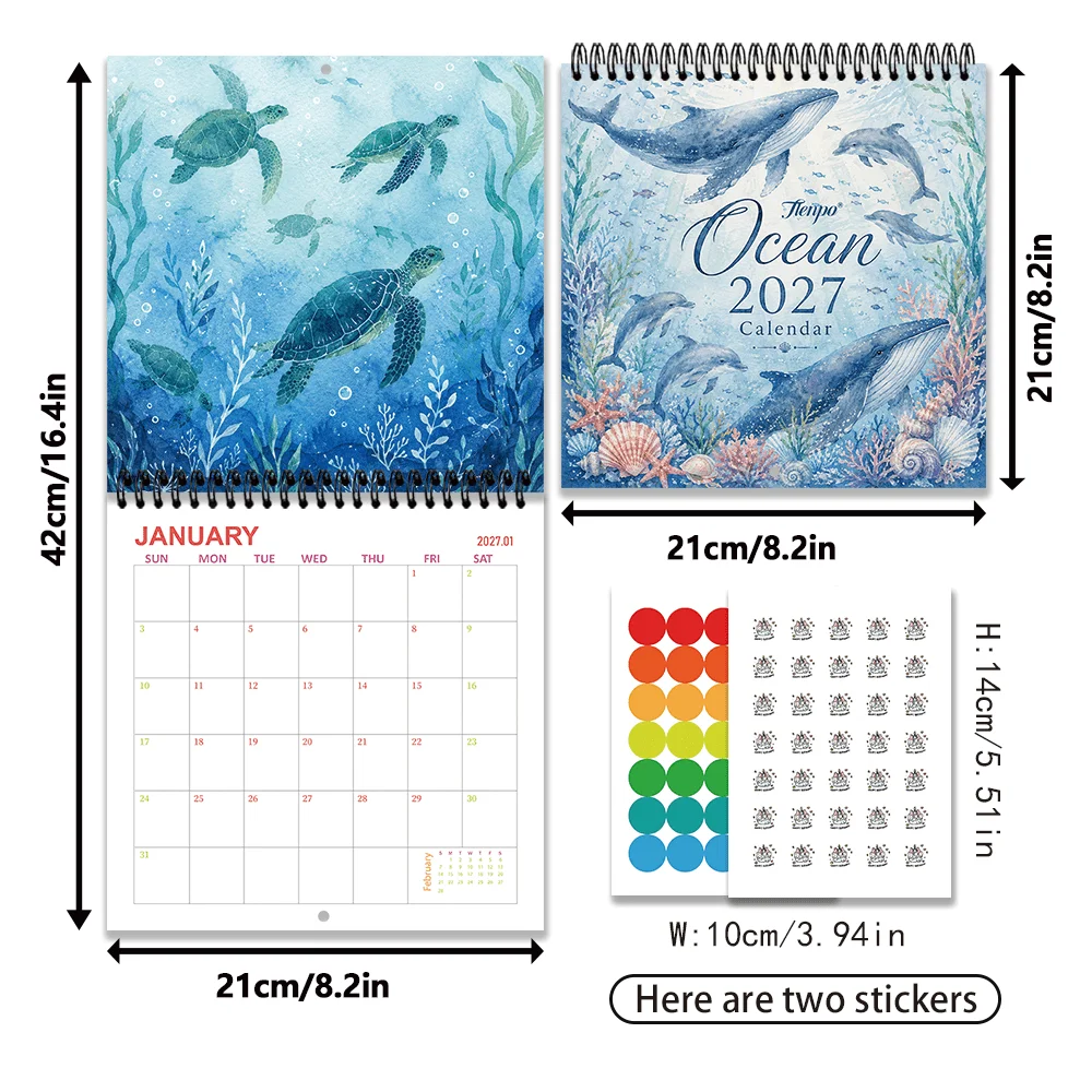 1pc 2027 Watercolor Marine Life Wall Calendar,12‑Month Planner,Gift For Back‑to‑School,Christmas,New Year,Free Stickers Included