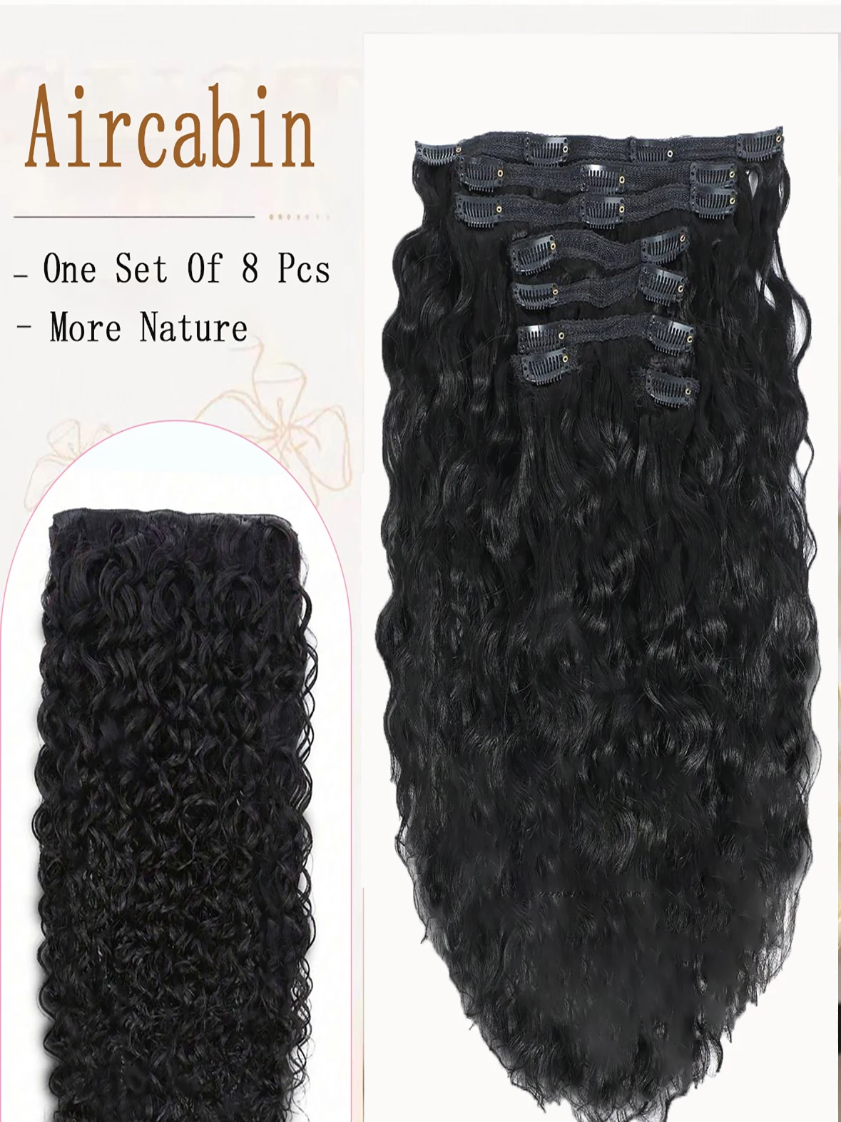 Water Wave Clip In 100% Human Hair Extension For Woman-Full Head Clip In Hair Extension 10-30 Inches,Nature Black Color,8Pcs/Set