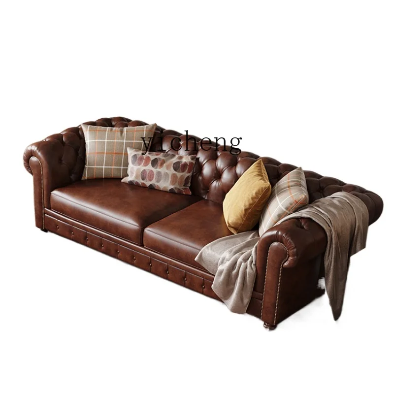 

Xl American Solid-Wood Leather Sofa Mild Luxury Retro Living Room Straight Row Three-Seat Combination