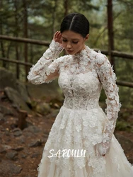 Floral Wood Wedding Dresses for Bride Modest Long Sleeves Backless Bride Dresses with High Neck Luxury Lace Bridal Gown