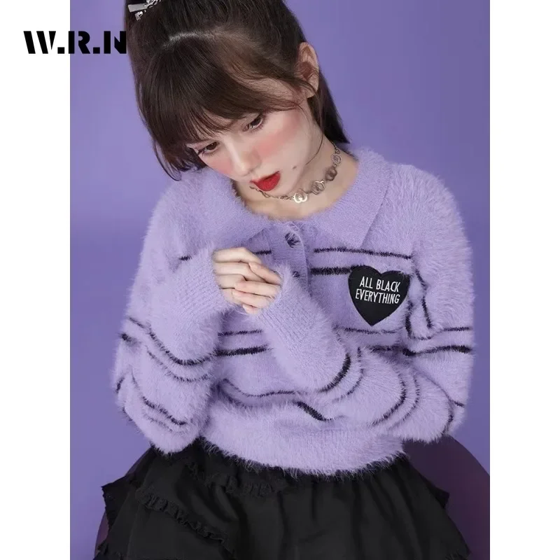 2023 Winter Sweet Casual Y2K Knitting Long Sleeve Heart Appliques Pullovers Korean Fashion Women Striped Slim Ladies Sweater