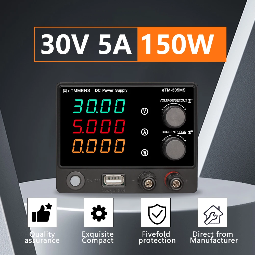 

DC power supply adjustable from 0 to 30V, 0 to 5A. 3-digit LED displays the adjustable current and voltage. 150W fixed encoder D