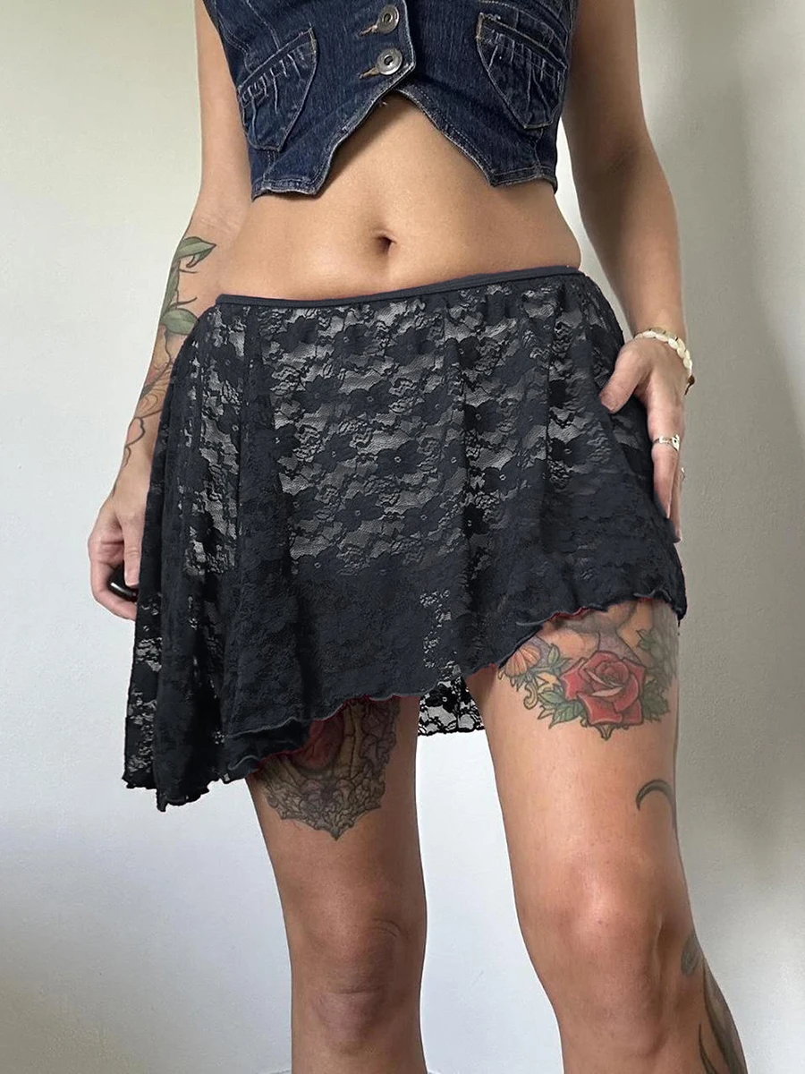 Women Summer Mini Skirts Retro Vintage Contrast Color Lace Flower Ruffled Trim Low Rise Short Skirt for Club Streetwear Y2K 00s