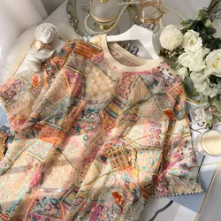 Luxury Retro Geometric Embroidery Sequined Mesh Spliced Tees Dress Summer Short-sleeved Diamonds T-shirts Beaded Crop Tops 2021