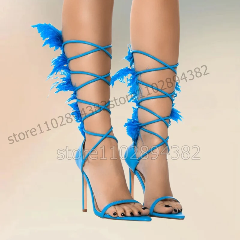 Blue Feather Decor Open Toe Twine Strappy Sandals Lace Up Women Shoes Thin High Heels Fashion Banquet 2023 Zapatos Para Mujere