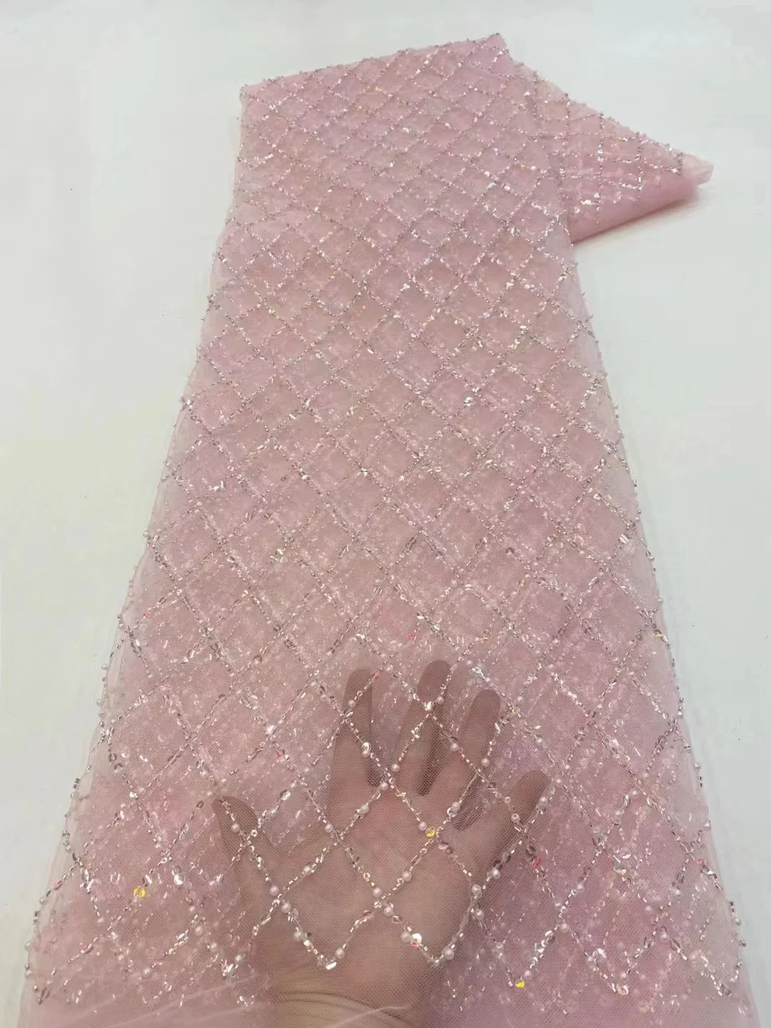 

2023 Elegant African Heavy Beaded Sequins Lace Fabric Nigerian Groom Embroidery French Mesh Lace Fabric For Wedding Dress QF0723