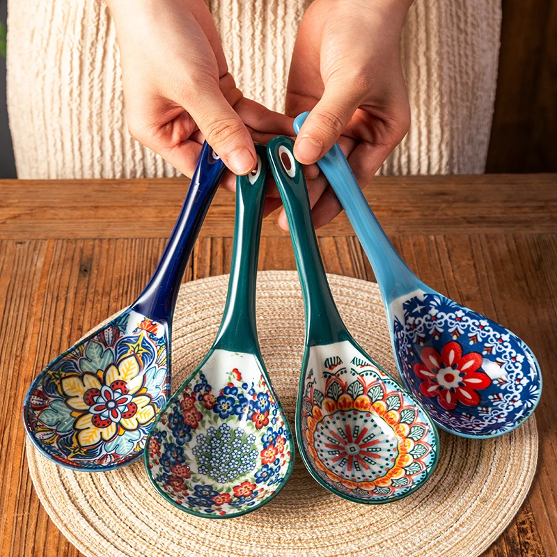 Bohemian Ceramic Ladle Household Large Tablespoon Soup Ladle Long Handled Large Spoon Scoop For Porridge and Rice