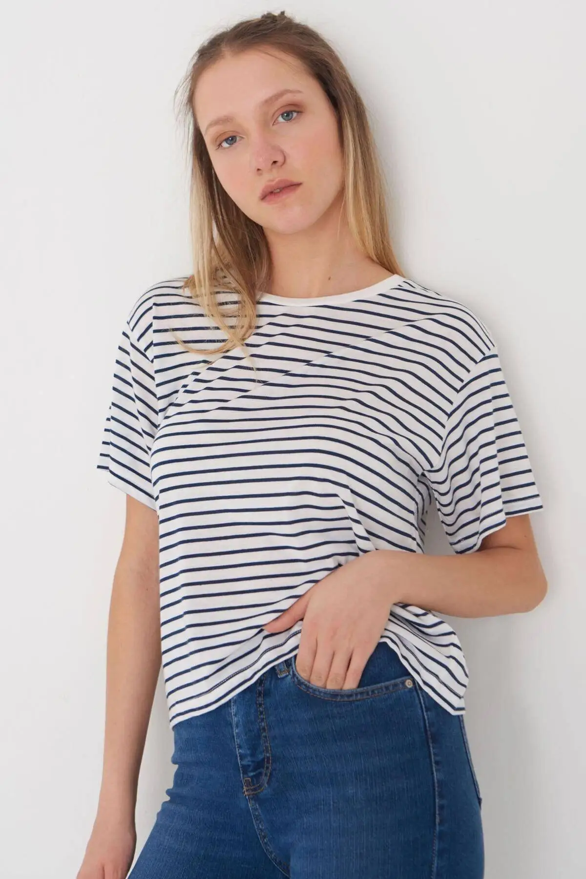 Women's Navy White Striped Design Tshirt Casual Fashion Wear Summer Season Products Casual Sports Street Wear