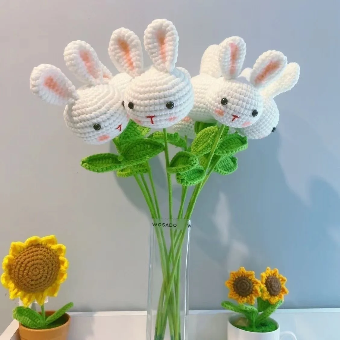 Handmade Knitted Artificial Cartoon Animal Rabbit Panda Wool Crochet Flower Bouquet Gif For Women Kids Children Wholesales 2024