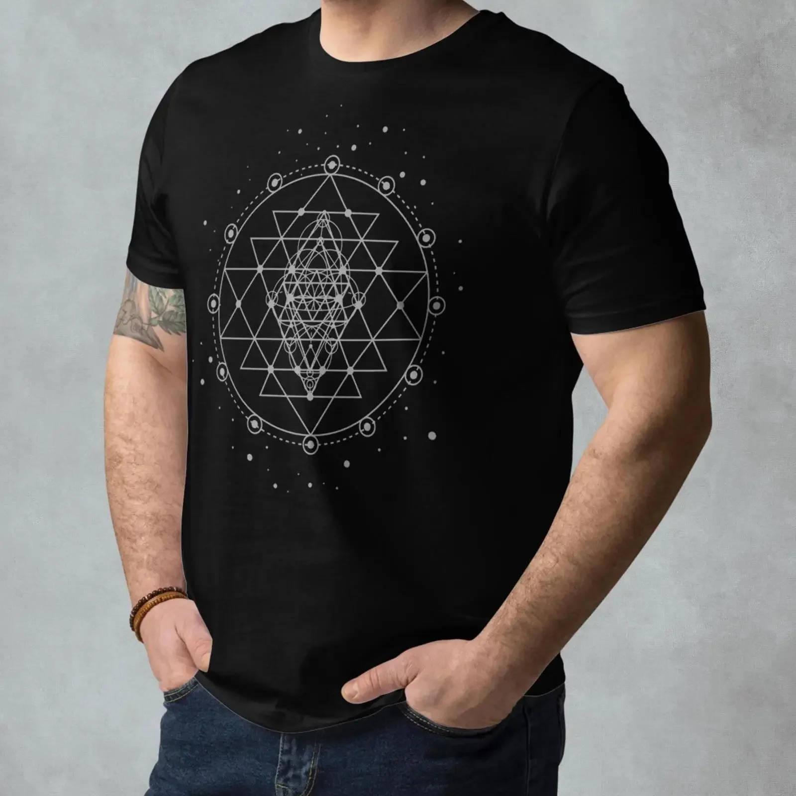 Sri Yantra Sacred Geometry T Shirt Men Black Organic Cotton Psytrance Goa Tribal Alternative Top vintage Washed Slightly