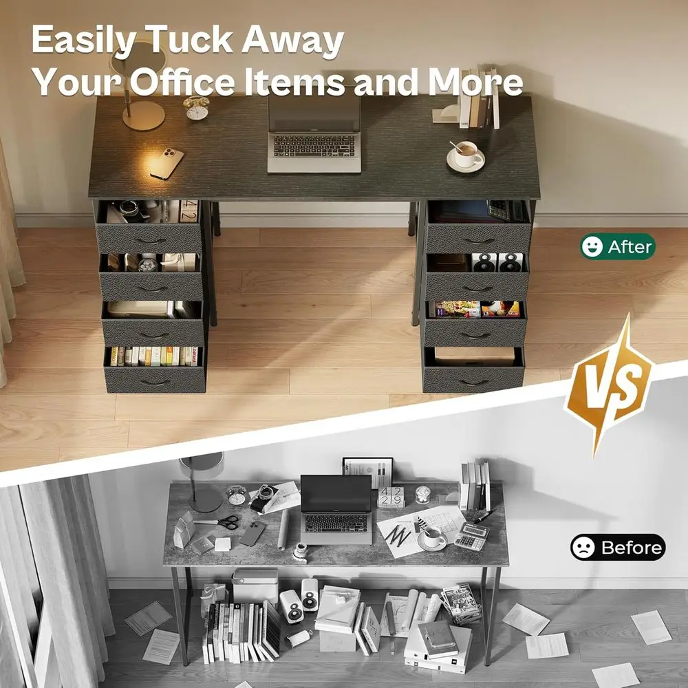 مكتب ألعاب كبير 55 للمكتب المنزلي مع 8 أدراج قماش، أسود، للدراسة والتخزين