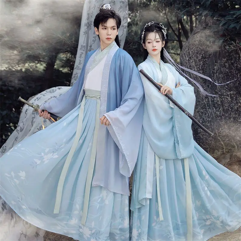 

Men Women Vintage Lotus Hanfu Traditional Chinese Song Dynasty Cross Collar Costume INS Embroidery Lovers Couple Hanfu Dress Set