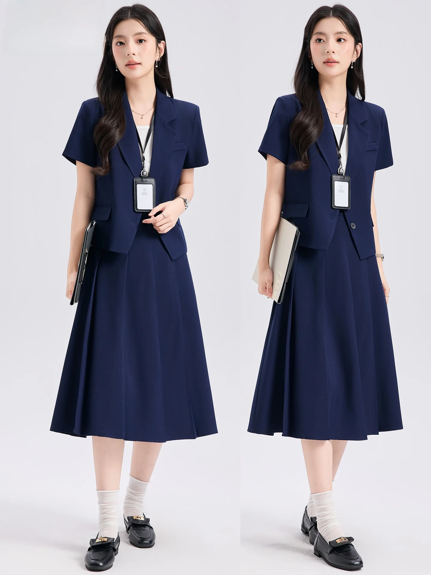 

Синий женский летний костюм-двойка: легкий пиджак и юбка/брюки для офиса, собеседований, деловых встреч, в западном стиле