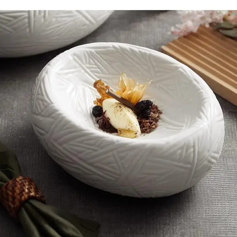 

Ceramic Dinner Plate Restaurant Oval Relief Texture Thick Soup Dessert Pasta Plates Insulation Home Tableware