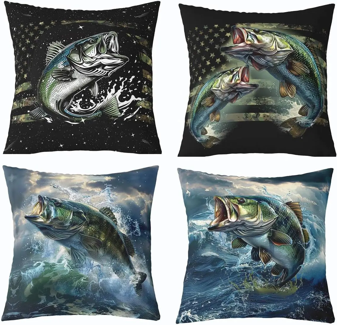 Set of 4 Fishing Pillow Covers for Man Cave Decor Outdoor Angling Game Fish Bass Throw Cushion Shams Gift for Fisherman