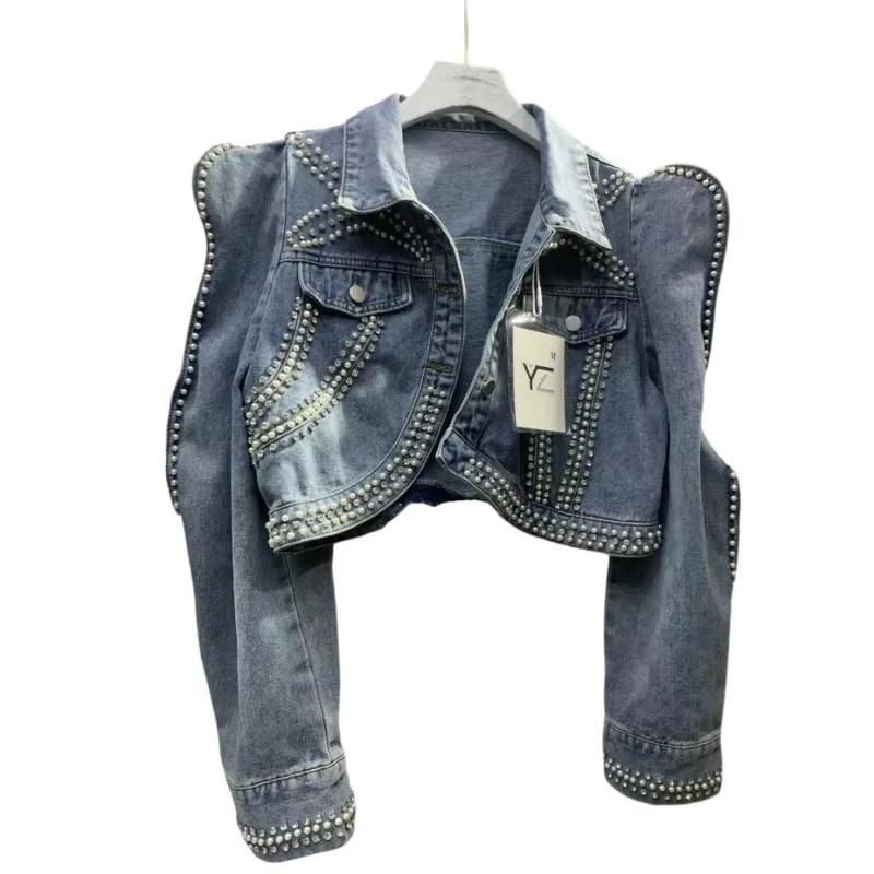 2024 Spring Autumn Diamonds Peals Beading Short Denim Coat Women Korean Fashion High street Slim Bubble Long Sleeve Jean Jacket