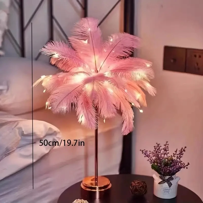 LED Night Light Feather Table Lamp Feather Lamp Fluffy Lamp USB Chargable Battery Power Decoration for Bedroom Bedside Wedding