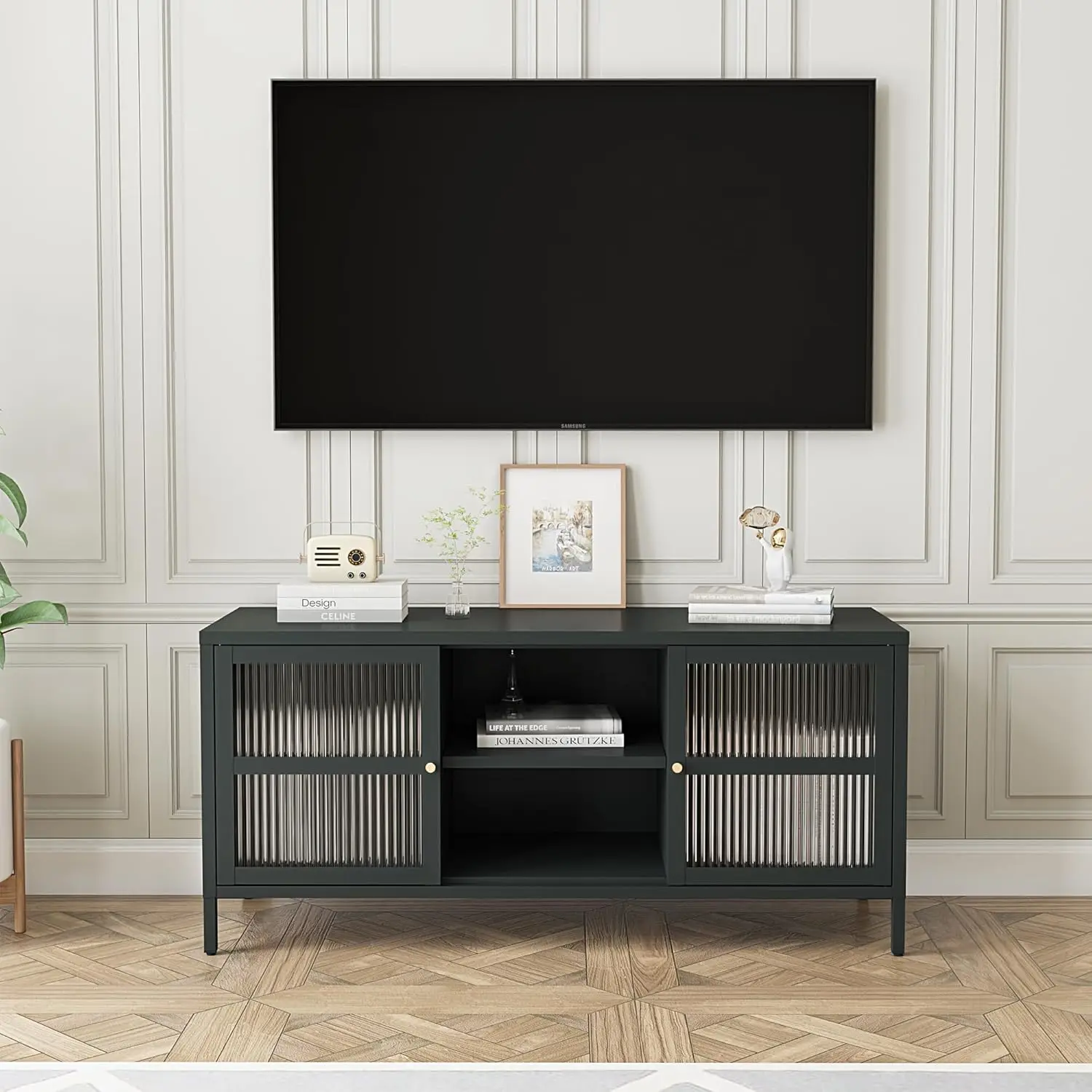 

TV Stand with Glass Door, Classic Metal TV Cabinet for 55 Inch TV for Living Room, Bedroom and Office