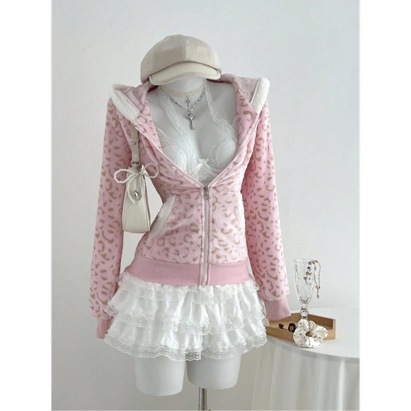 Women Y2K Pink Leopard Print Zip‑Up Hoodie Plush Long Sleeve Pocket Daily Casual Slim Fit Hooded Sweatshirt Coat