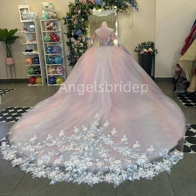 Angelsbride 3D Handmade Flower Pink Off Shoulder Ball Gown Quinceanera Dresses Vestidos De 15 Quinceañera Princess Party Dress