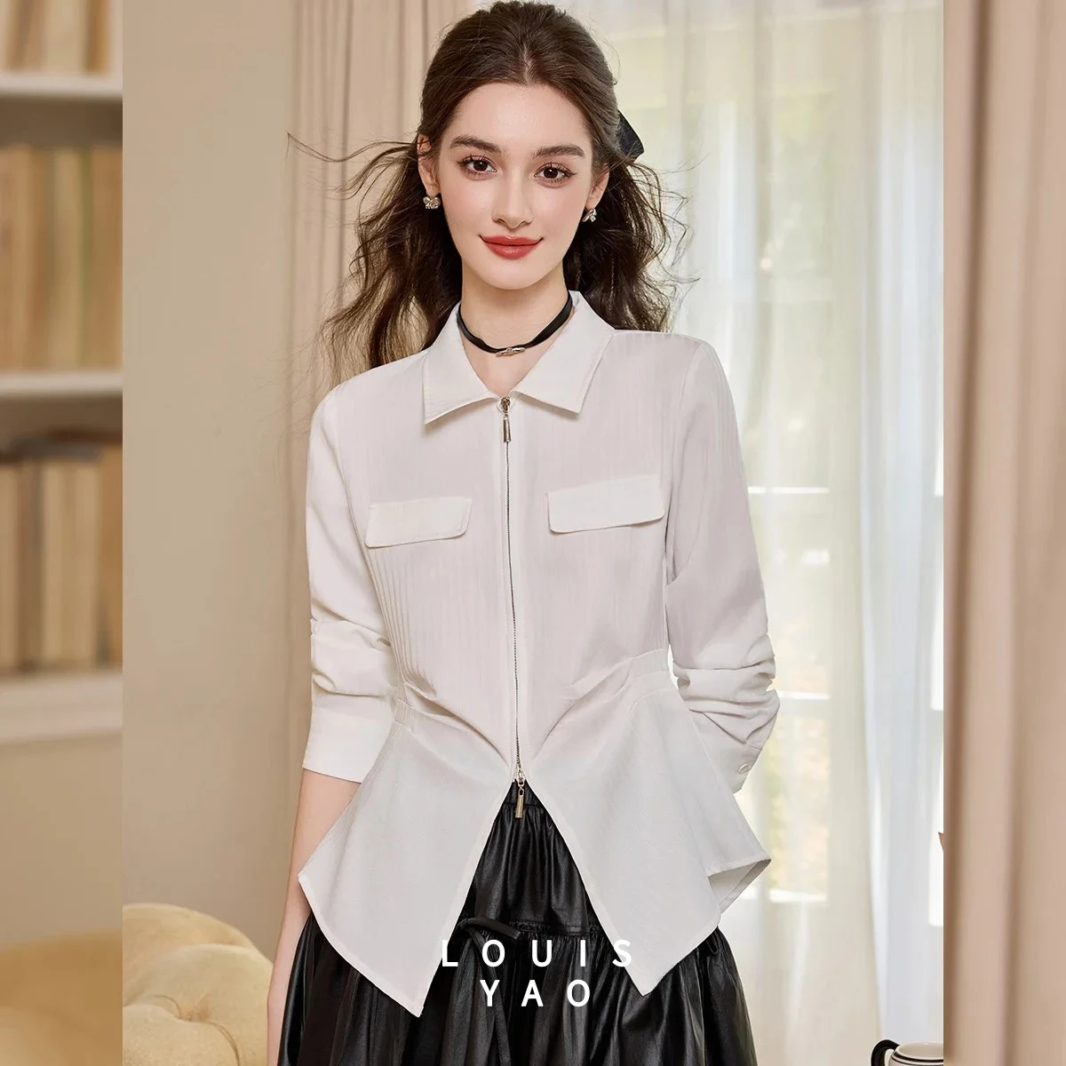 

LOUISYAO Minimalist Asymmetrical Hem Cardigan 2025 Autumn Women's Shirt Slim Fit Turn-Down Collar Long-Sleeved Blouses