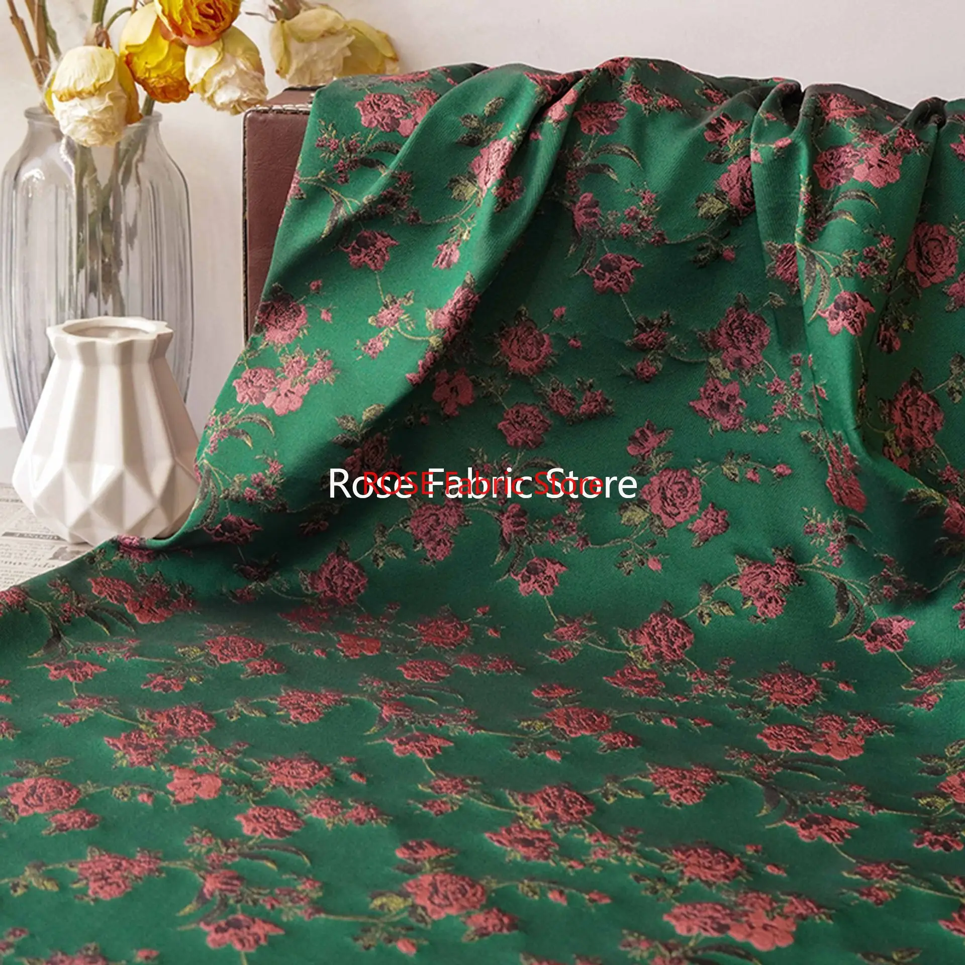 

1 Meter Green Background Pink Rose Embossed Jacquard Fabric Elegant Cheongsam Dress Makeup Bag Jacquard Decorative Fabric
