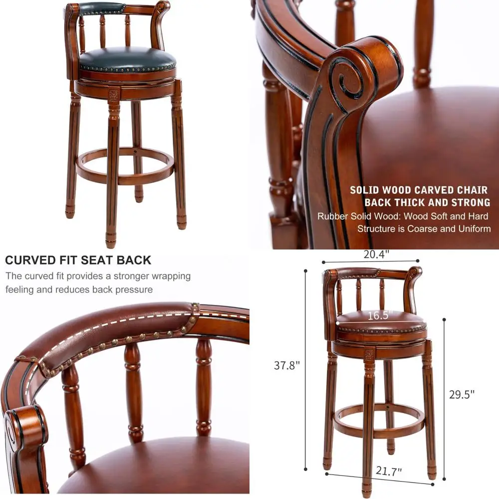 

Leather and Wooden Bar Stools with 360 Swivel and Back Support for Kitchen Counter Height
