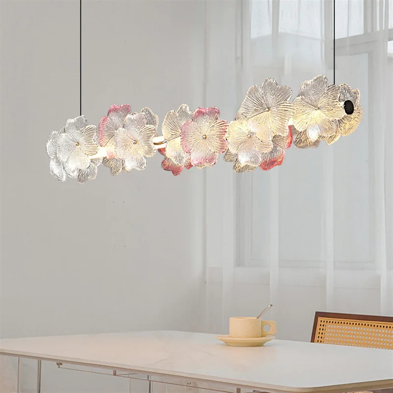 

Restaurant chandelier new dining table crystal glass bar counter light luxury petal French style warm and romantic long strip