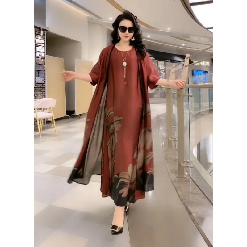 Silk Dress Two-Piece Women\'s Elegant Floral Plus Size Dress Casual Beach Vintage Long Dress mother dress 2024 Summer New Fashion