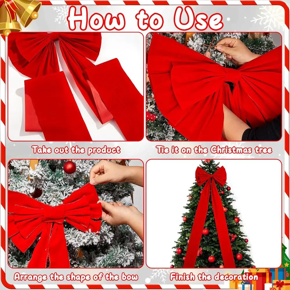 فيونكة مخملية حمراء عملاقة مع أشرطة طويلة - قطعة علوية لشجرة عيد الميلاد مقاس 71 × 24 بوصة وديكور إكليل للمنزل والخارج والحفلات