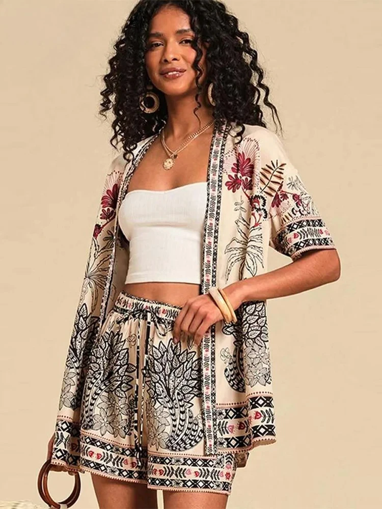 

Casual Women's Button-Free Shorts Suits Short Sleeve Flower Printed Loose Lady Sets 2025 New Summer Fashion 2 Pieces Set Women