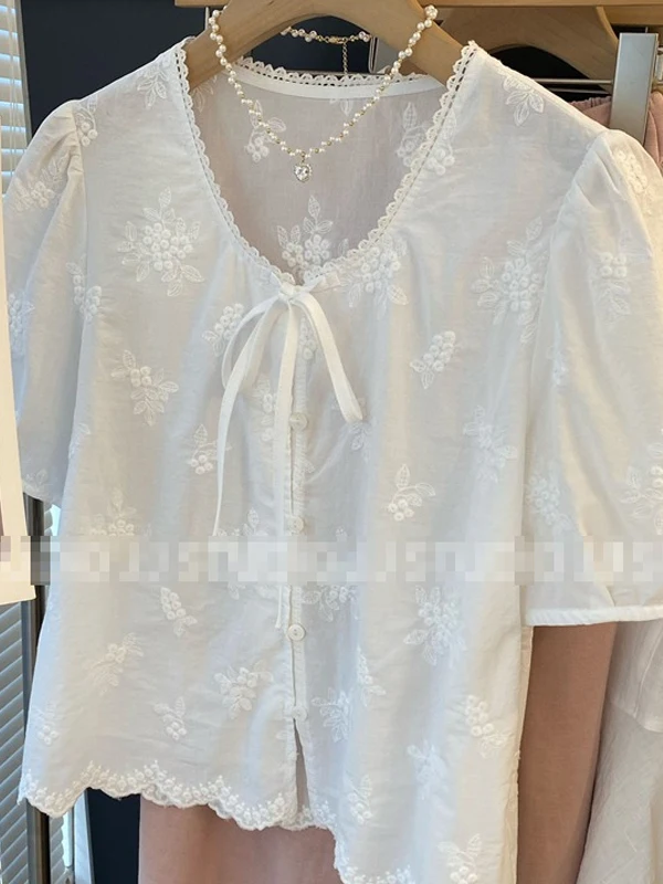 

Ele round Ne Embroidered irt Sweet Tie ort Sve Women's Top Commute Sle Loose Fit Bubble Sve ort Length
