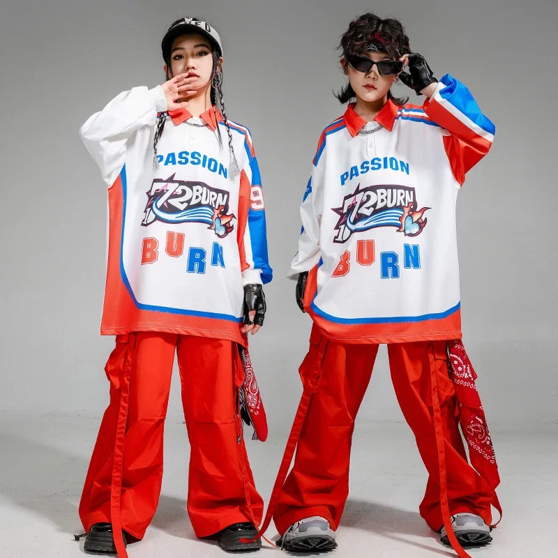 

Red Hip Hop Costume For Girls Boys Ballroom Dancing Clothes Jazz Pants Dancewear Party Stage Outfits Street Dance Wear XH2030