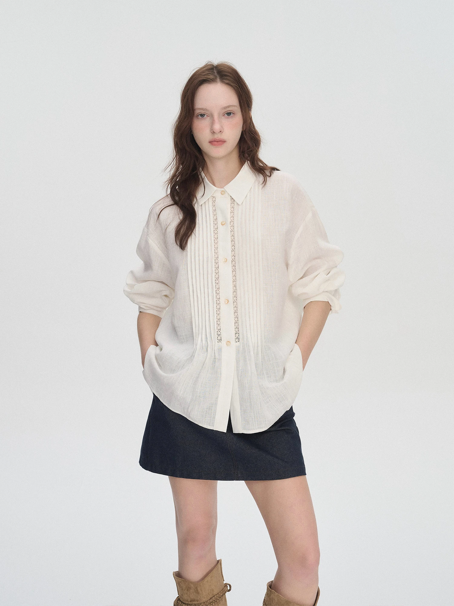 

Романтичная повседневная женская рубашка из 100% льна с плиссировкой, ажурными вставками и кружевом, дышащая, приятная к телу, цветная, модная