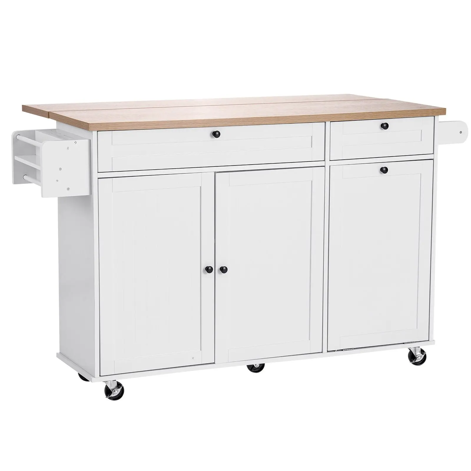 Kitchen Island Cart with Storage, 60In Wide Mobile Kitchen Cart with Wheels, Drop Leaf, 2 Drawers, Trash Can Cabinet, Knife