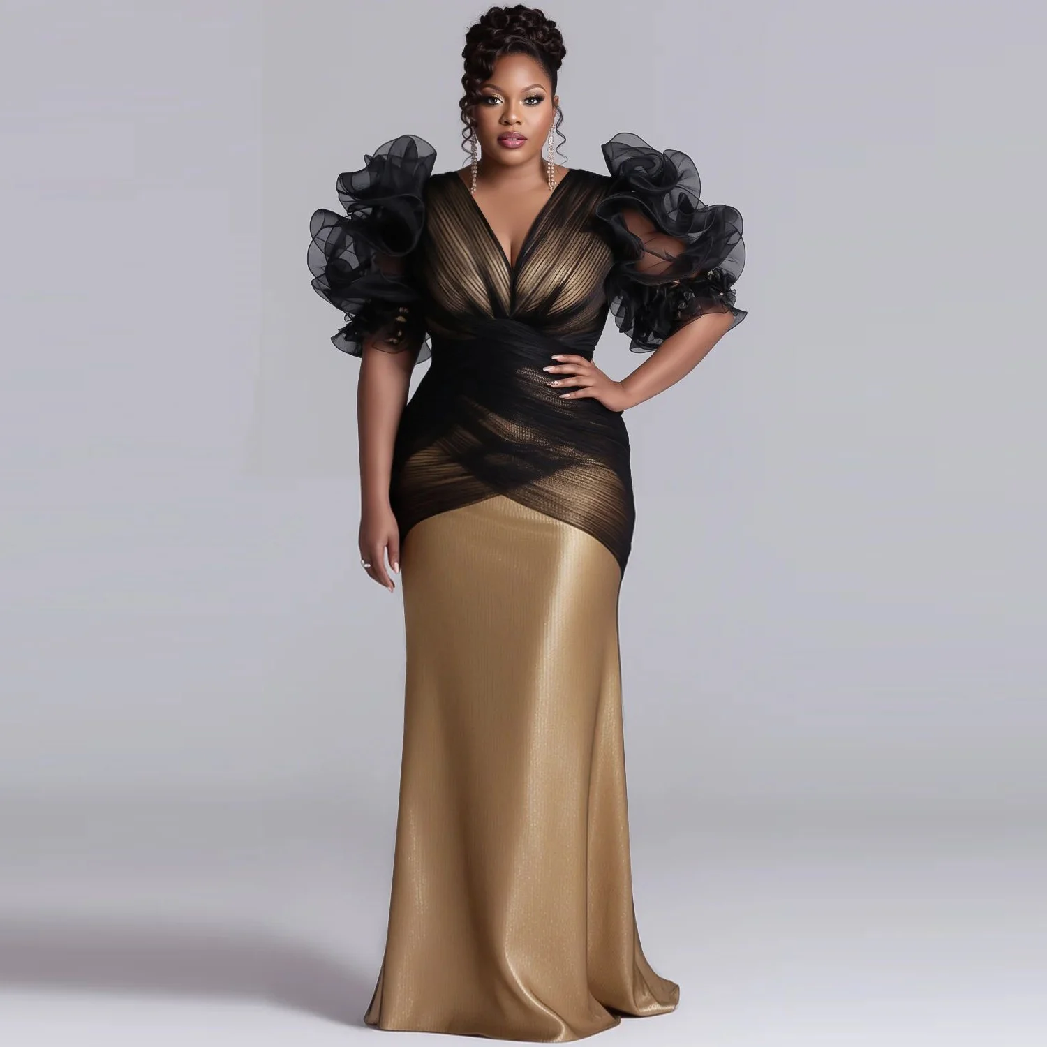 Deep V Neck Aso Ebi Prom Dress Black And Gold Mermaid Evening Gowns Floor Length Women Formal Occasion Party Dress image 2