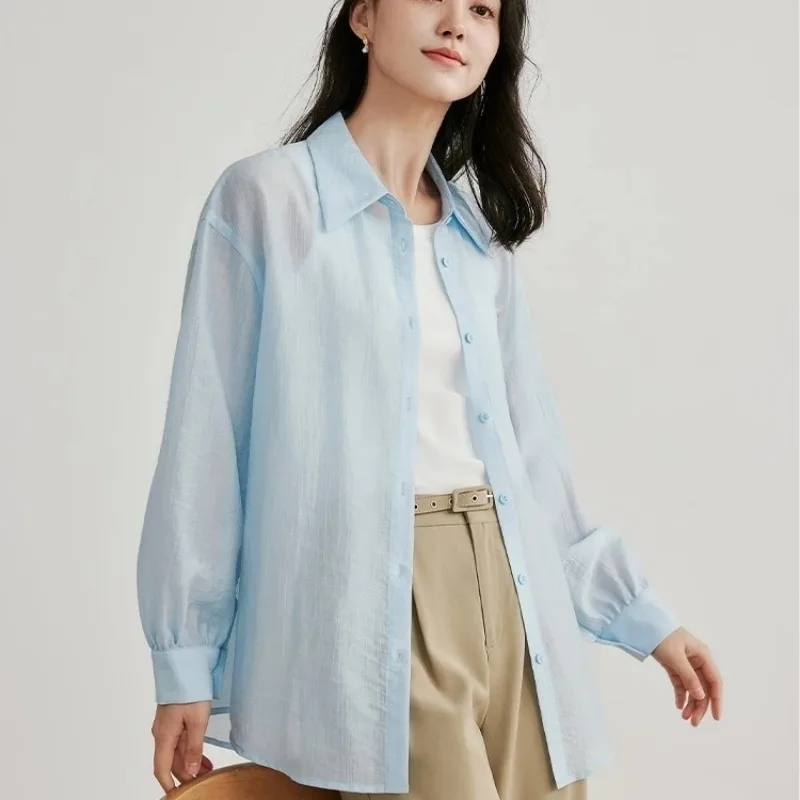 Women Lyocell Tencel Sun Protection Shirt Thin Long Sleeve Loose Outerwear Air Conditioning Blouse Summer