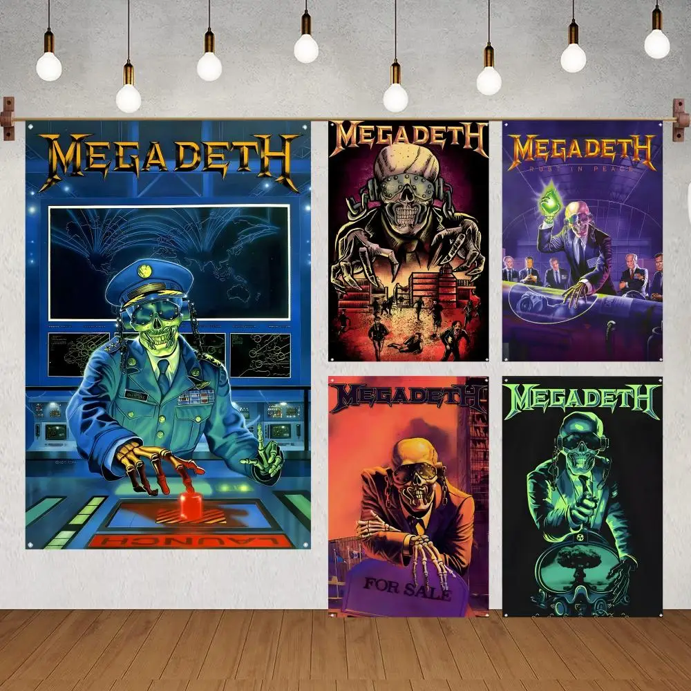 Bandeiras Megadeth Heavy Flags para decoração interna sem bordas e com quatro argolas nos cantos para fácil pendurar.