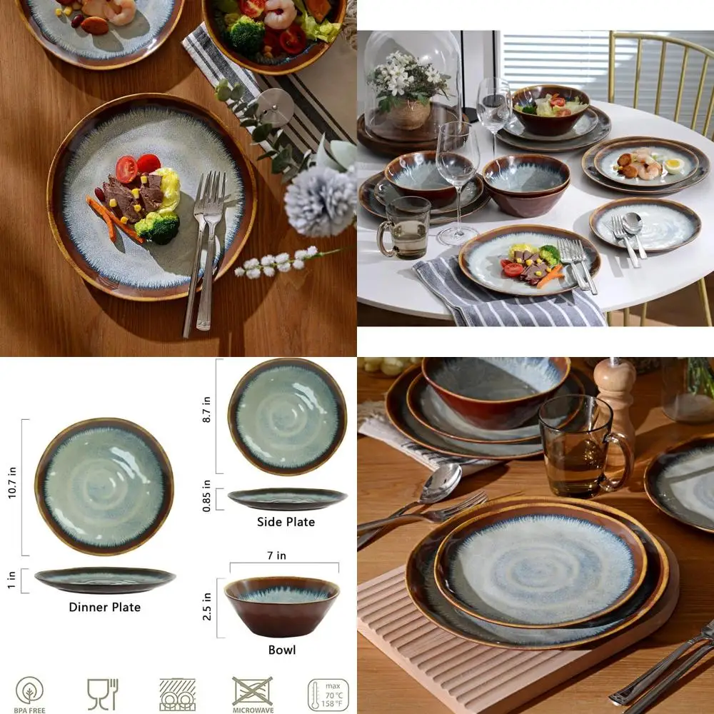 

Melamine Dinnerware Sets,12Pcs Plate and Bowl Set,Unbreakable and Lightweight Dish Set,Great or Camping and RV,BPA ree,Dishwashe