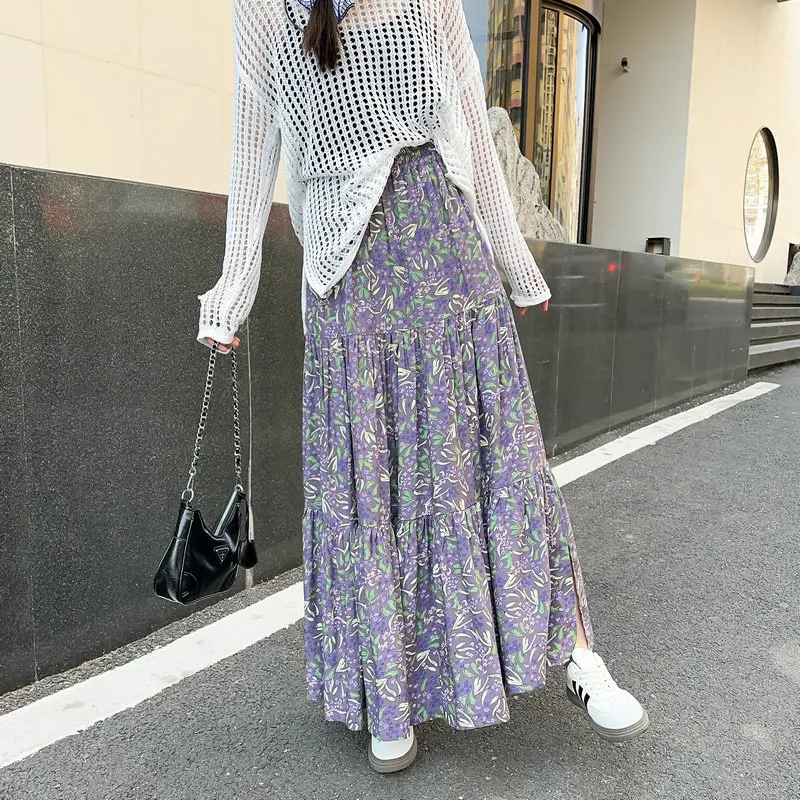 Floral Print Skirt Womens  Spring Summer New High Waisted Full Swing Elegant Long Skirt Loose Fitting Flattering Vintage A Line