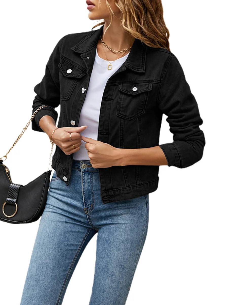 

Women´s Solid Color Denim Jacket Casual Long Sleeve Button Down Chest Pocket Jean Jacket