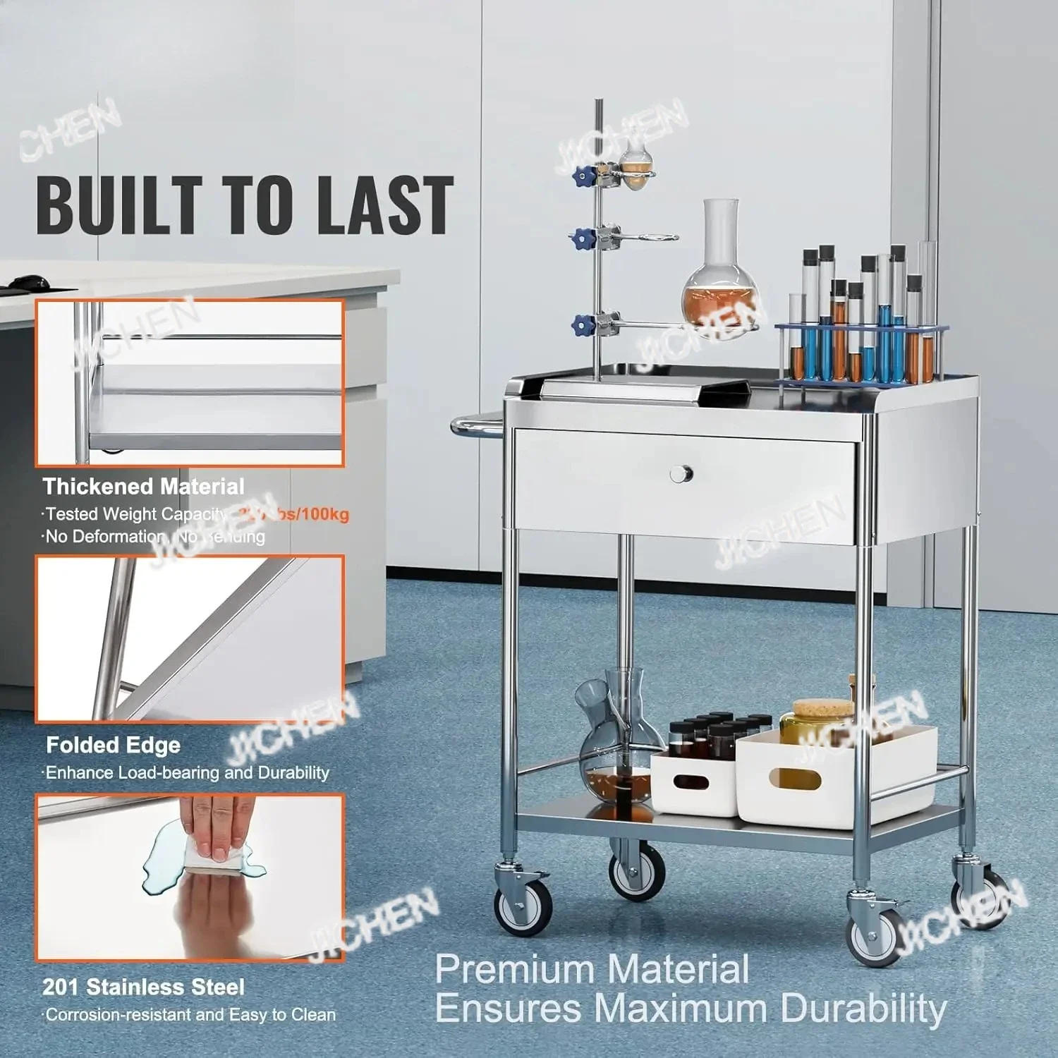 

JC JC Medical Cart, 2-Tier Stainless Steel, 100 Kg Capacity, 360° Silent Wheels, Drawer, Lab, Clinic, Kitchen, Salon