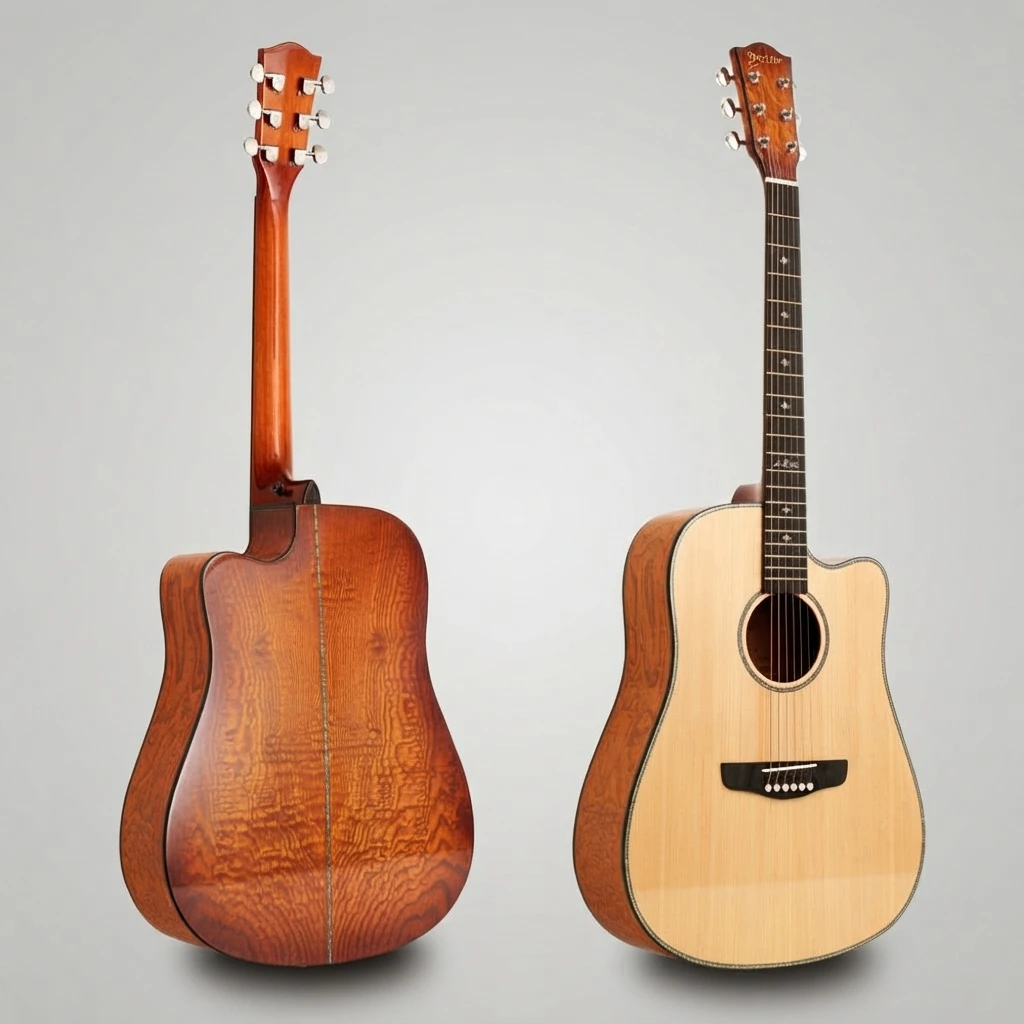 6 String Acoustic Guitar Cutaway Body Light Top Brown Back Cross Inlay Chrome Tuners White Bridge Pins Glossy Finish Slim Neck