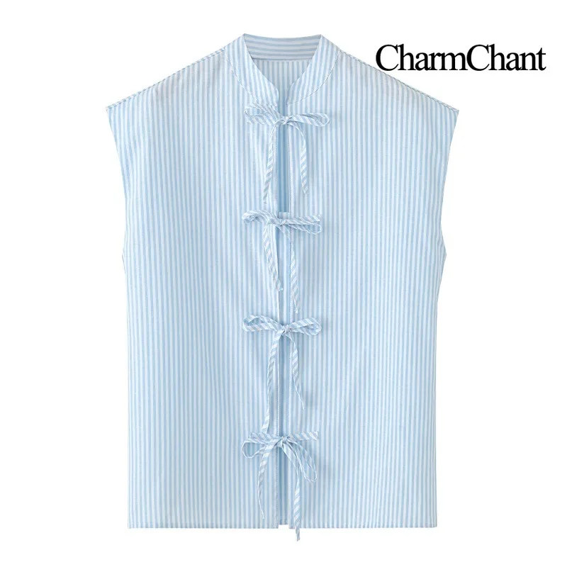 CHARMCHANT Women's Vertical Striped Sleeveless Shirt 2026 Summer Mandarin Collar Tie Front Slim Fit New Chinese Style Blouse