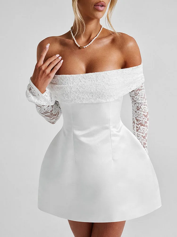 Spitze Patchwork Sexy Off Schulter Mini Kleid Frauen Herbst Winter Langarm Elegante A-Line Backless Schlank Vestido Party Kleid